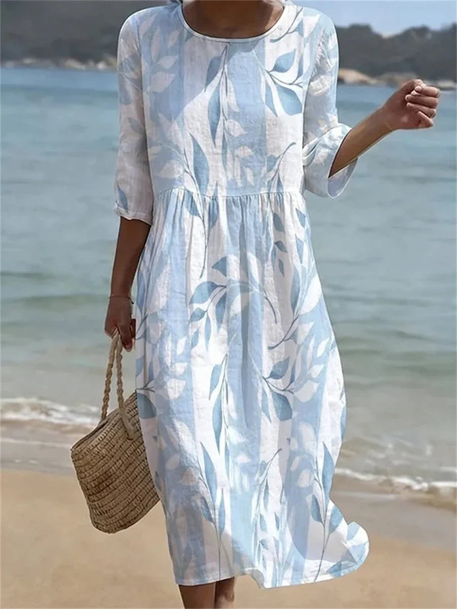 Casual Leaf Print Round Neck 3/4 Sleeve Dress