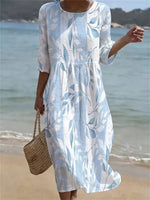 Casual Leaf Print Round Neck 3/4 Sleeve Dress