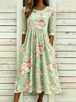 Vintage Floral Print Round Neck 3/4 Sleeve Dress
