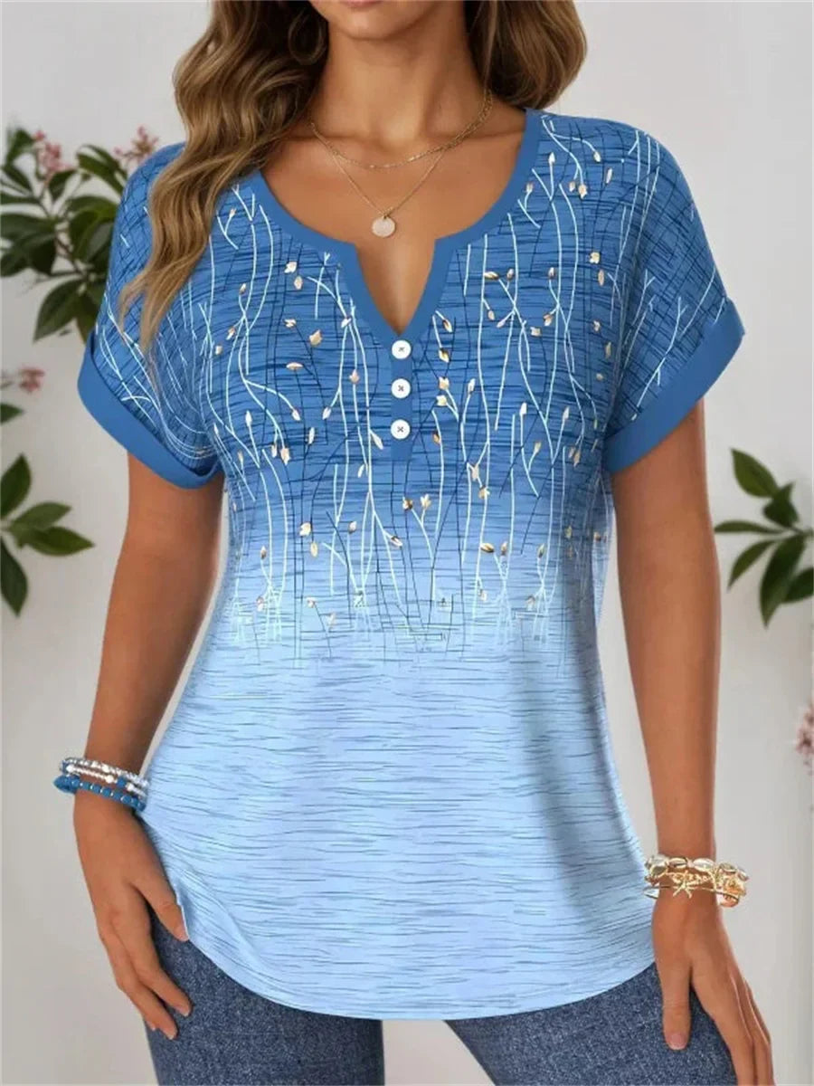 Vintage Floral Print V-neck Short Sleeve Blouse