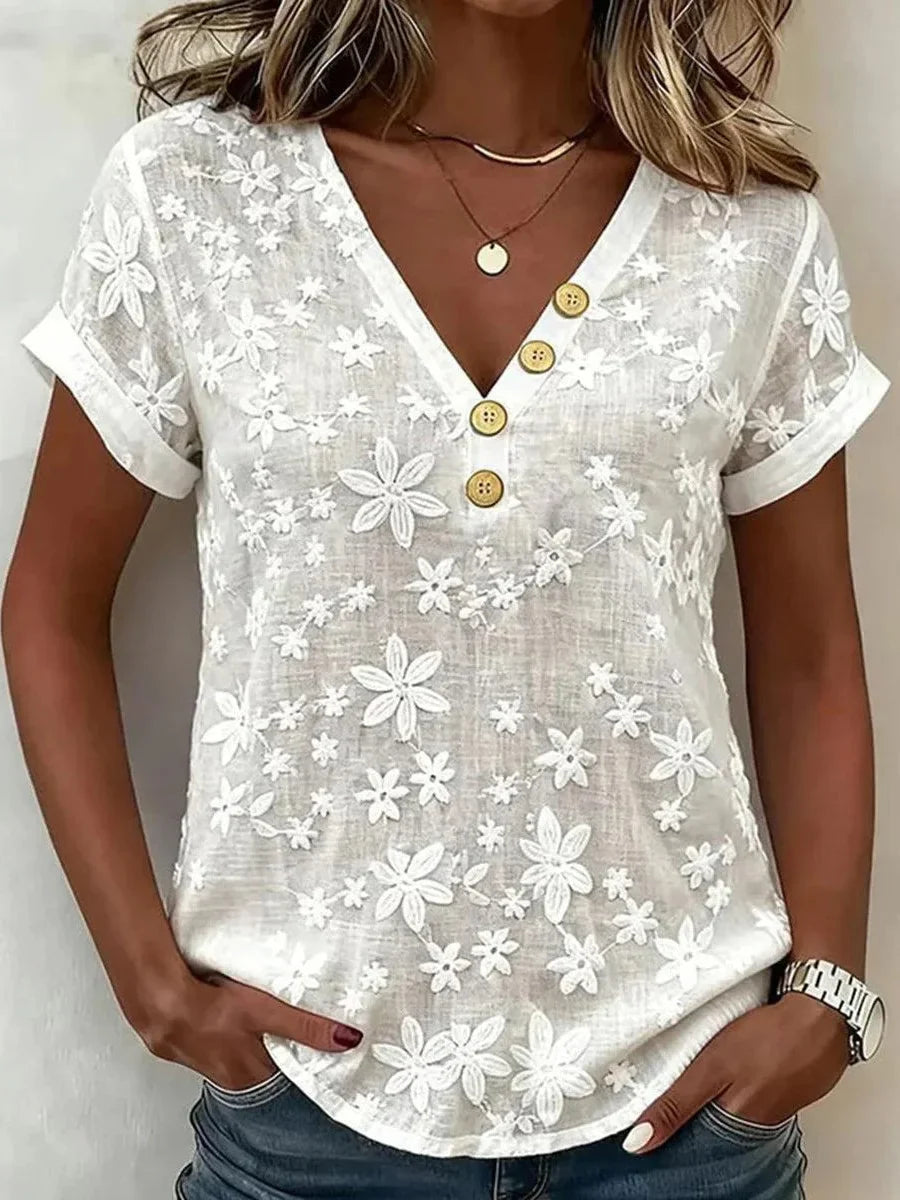 White Floral Print V-Neck Short Sleeve Blouse
