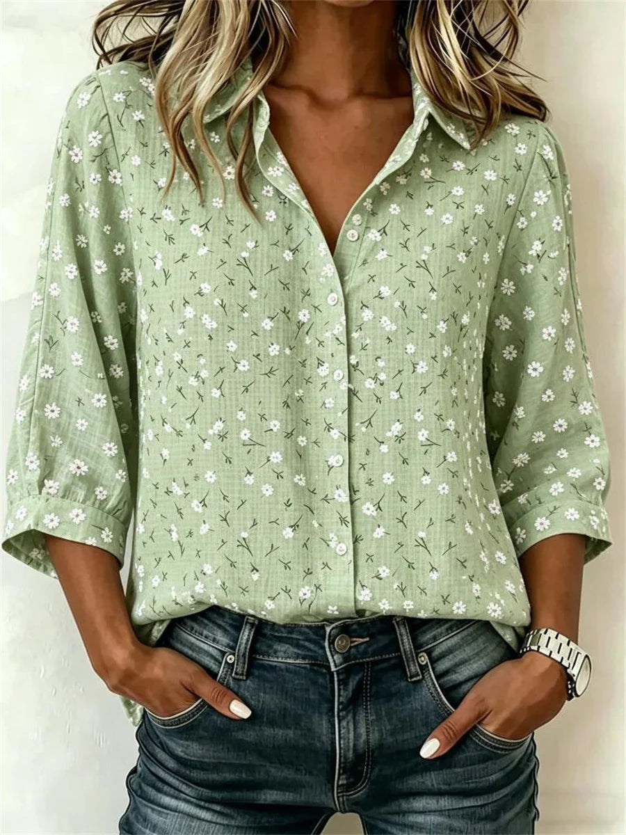 Ditsy Floral Print 3/4 Sleeve Button-Down Shirt