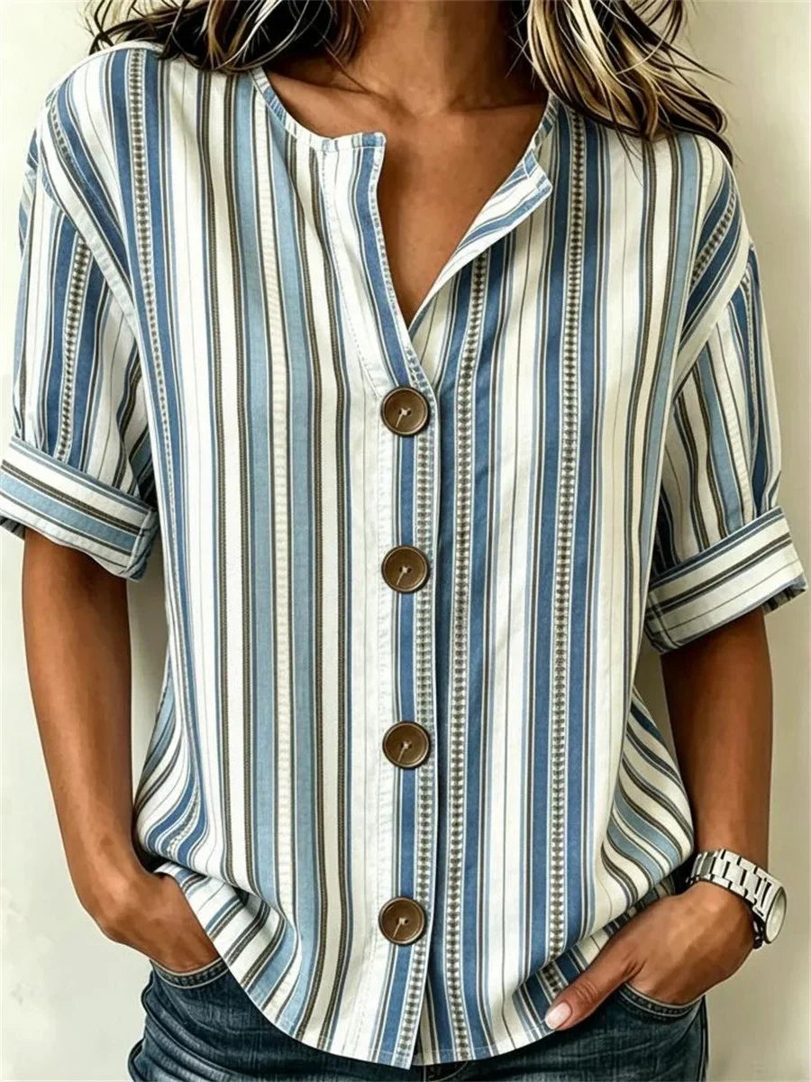 Blue Stripe Button-Front Roll-Tab Short Sleeve Blouse
