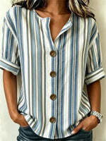 Blue Stripe Button-Front Roll-Tab Short Sleeve Blouse