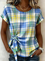 Plaid Tie-Front Round Neck Short Sleeve Casual Top