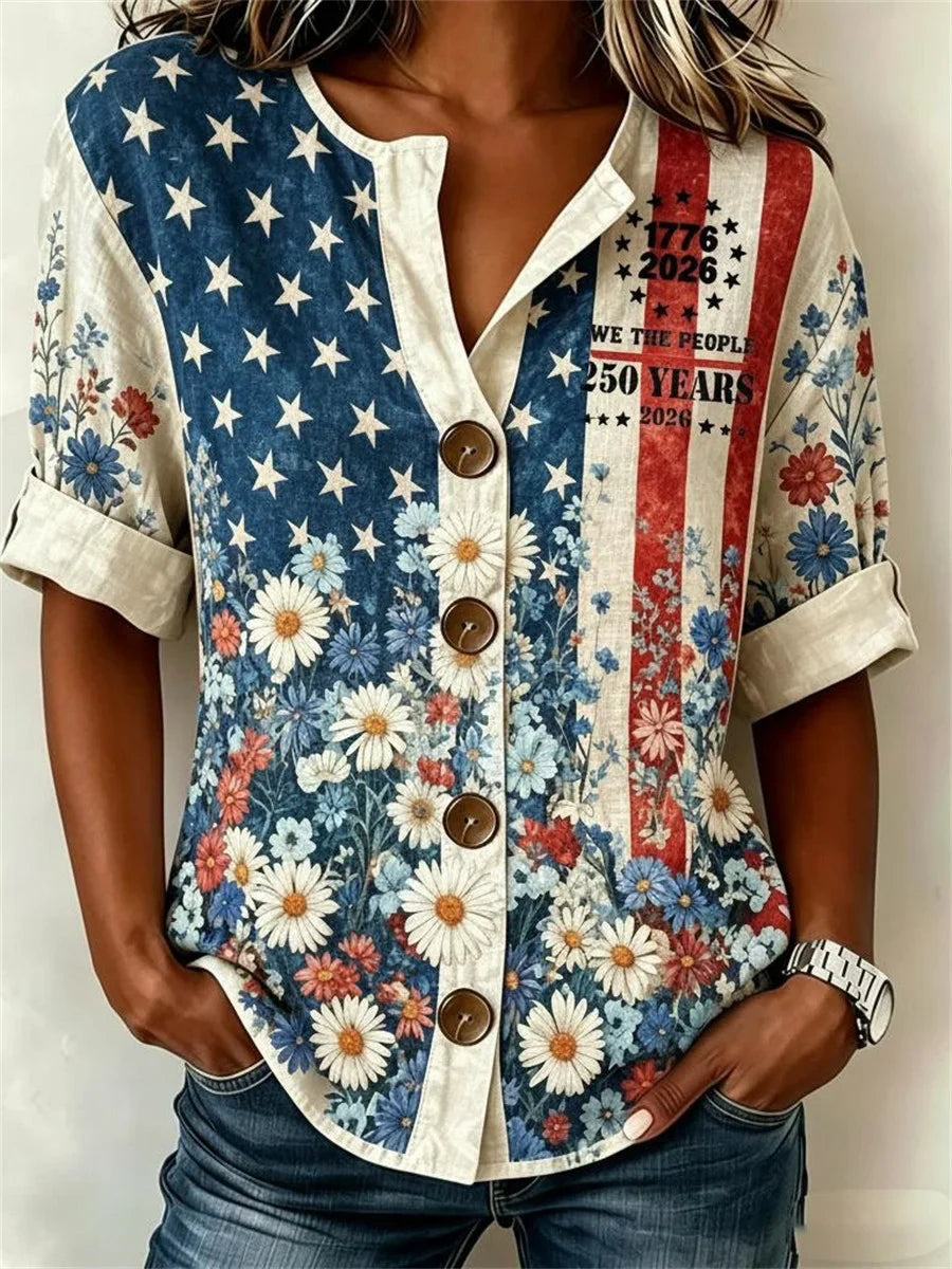 Patriotic Floral Print Roll-Tab Short Sleeve Casual Top