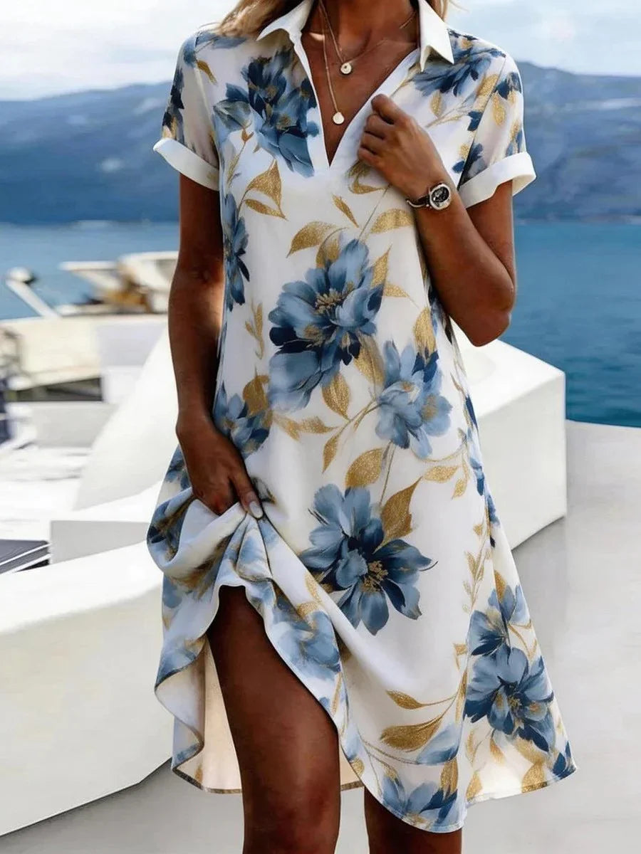 White Floral Print Short Sleeve Shirt Dress