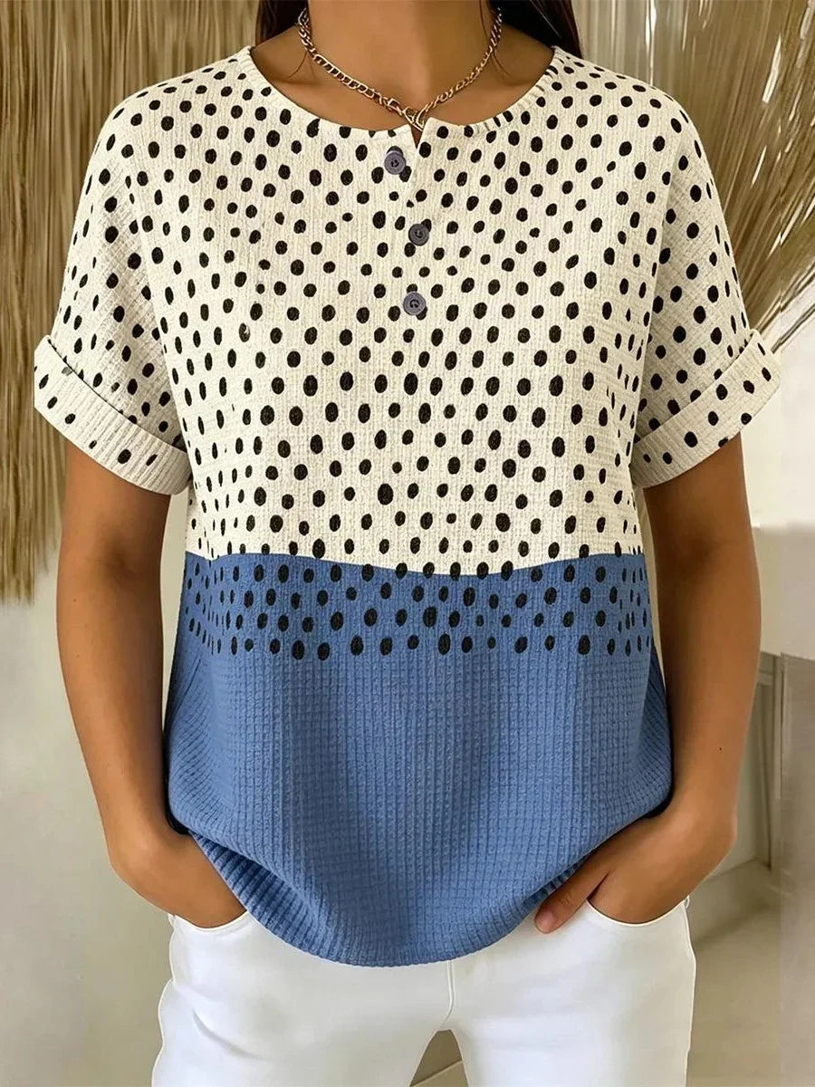 Multicolor Polka Dot Color Block Round Neck Short Sleeve Waffle Knit Top