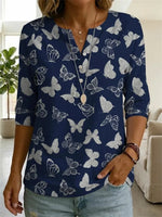 Navy Butterfly Print 3/4 Sleeve Top