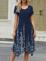 Navy Blue Floral Print Round Neck Short Sleeve Asymmetric Hem Short Sleeve Dress