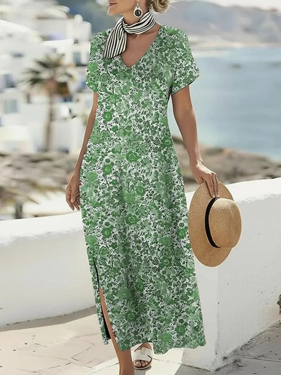 Green Floral Print V-Neck Short Sleeve Maxi Dress
