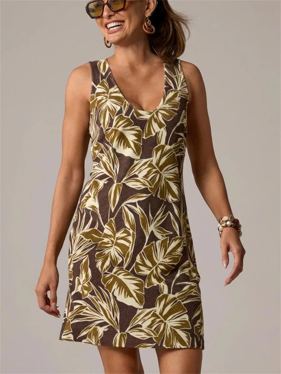 Brown Leaf Print Sleeveless Shift Dress