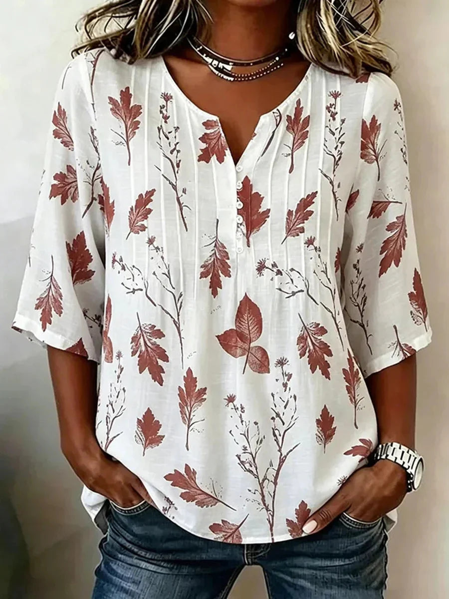 White Rustic Leaf Print Henley 3/4 Sleeve Blouse