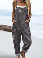 Women's Vintage Flowers Art Print Casual Wide Leg Jumpsuit