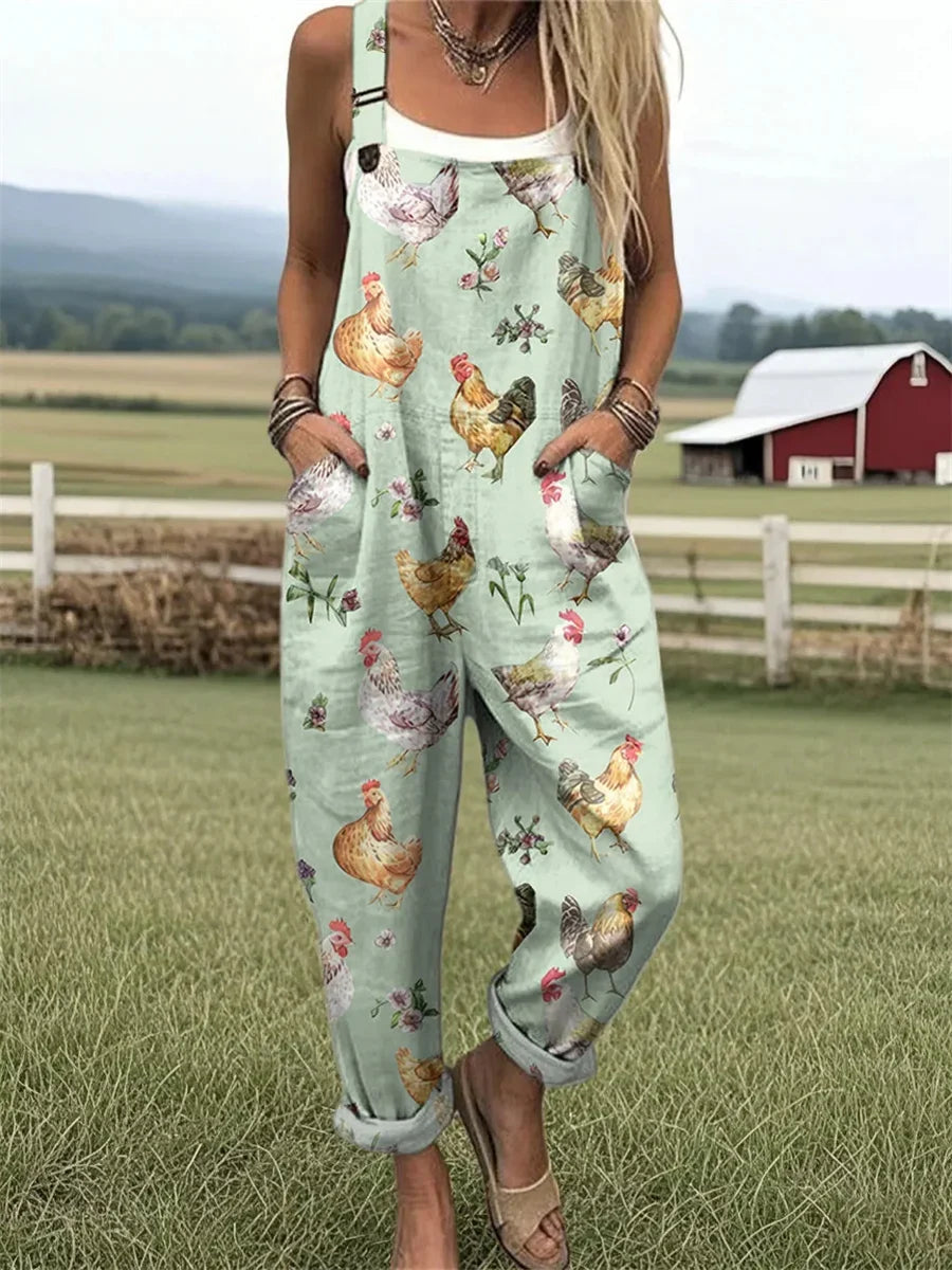 Women's Farm Chicken And Floral Pattern Casual Wide Leg Jumpsuit