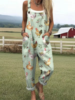 Women's Farm Chicken And Floral Pattern Casual Wide Leg Jumpsuit