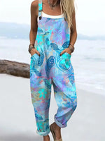 Women's Vintage Turtle Art Print Casual Wide Leg Jumpsuit