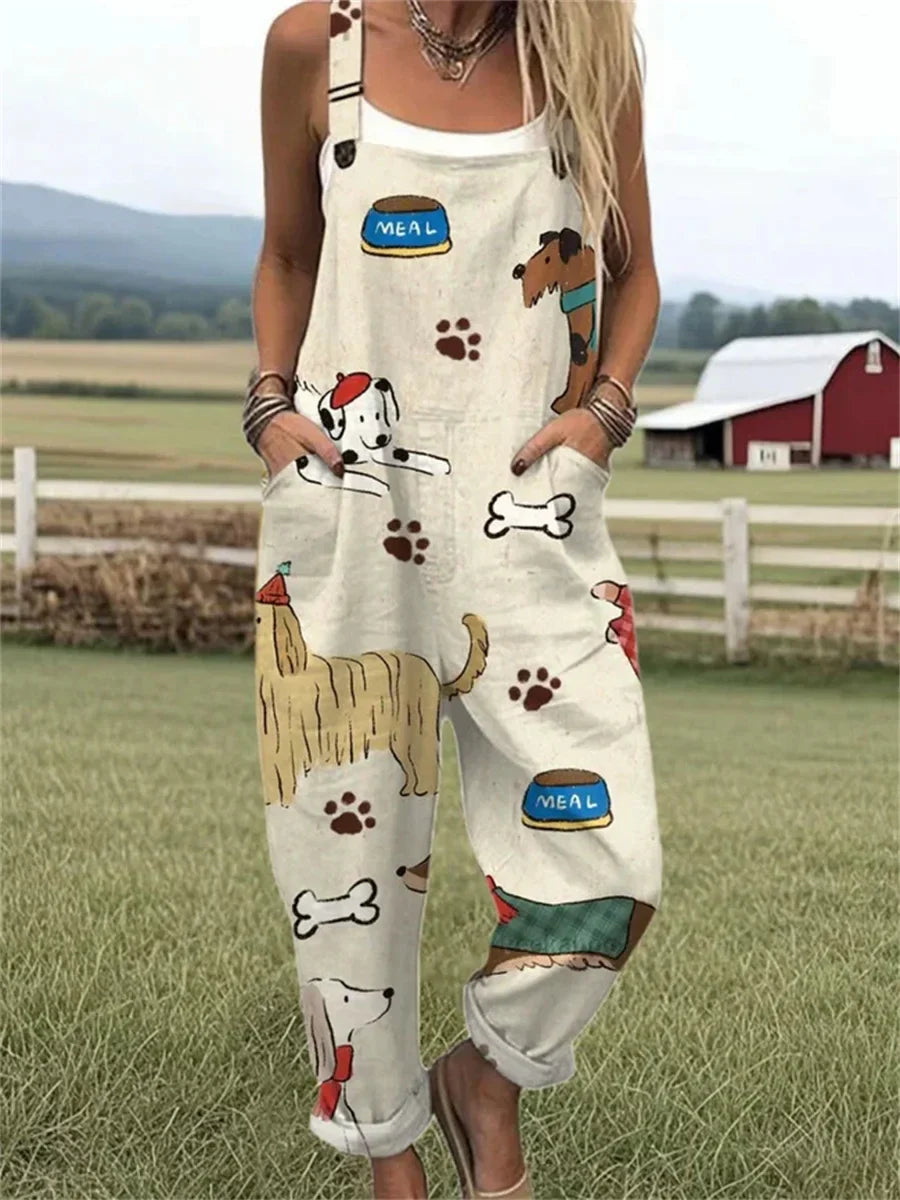 Women's Funny Dog Art Print Casual Wide Leg Jumpsuit