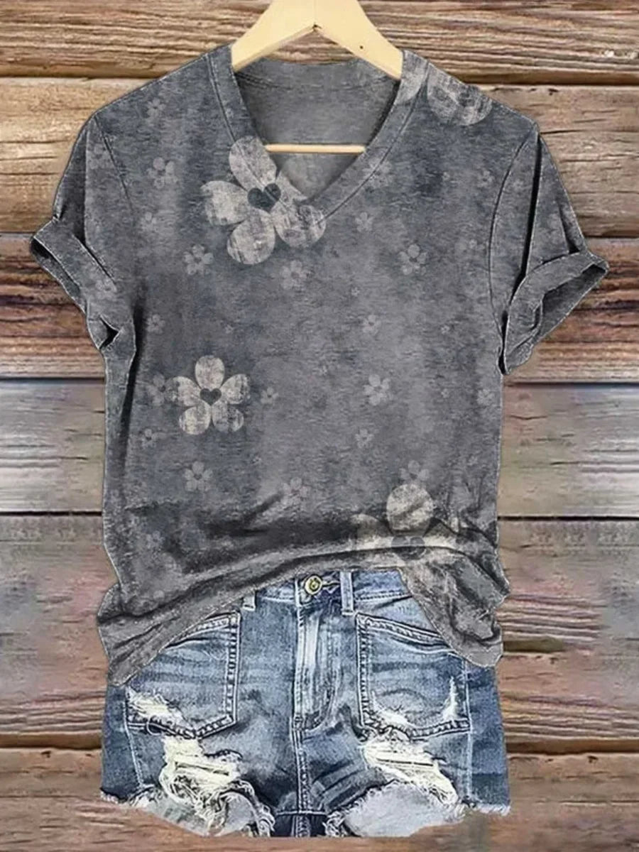 Vintage Floral Print V-neck Short Sleeve T-Shirt