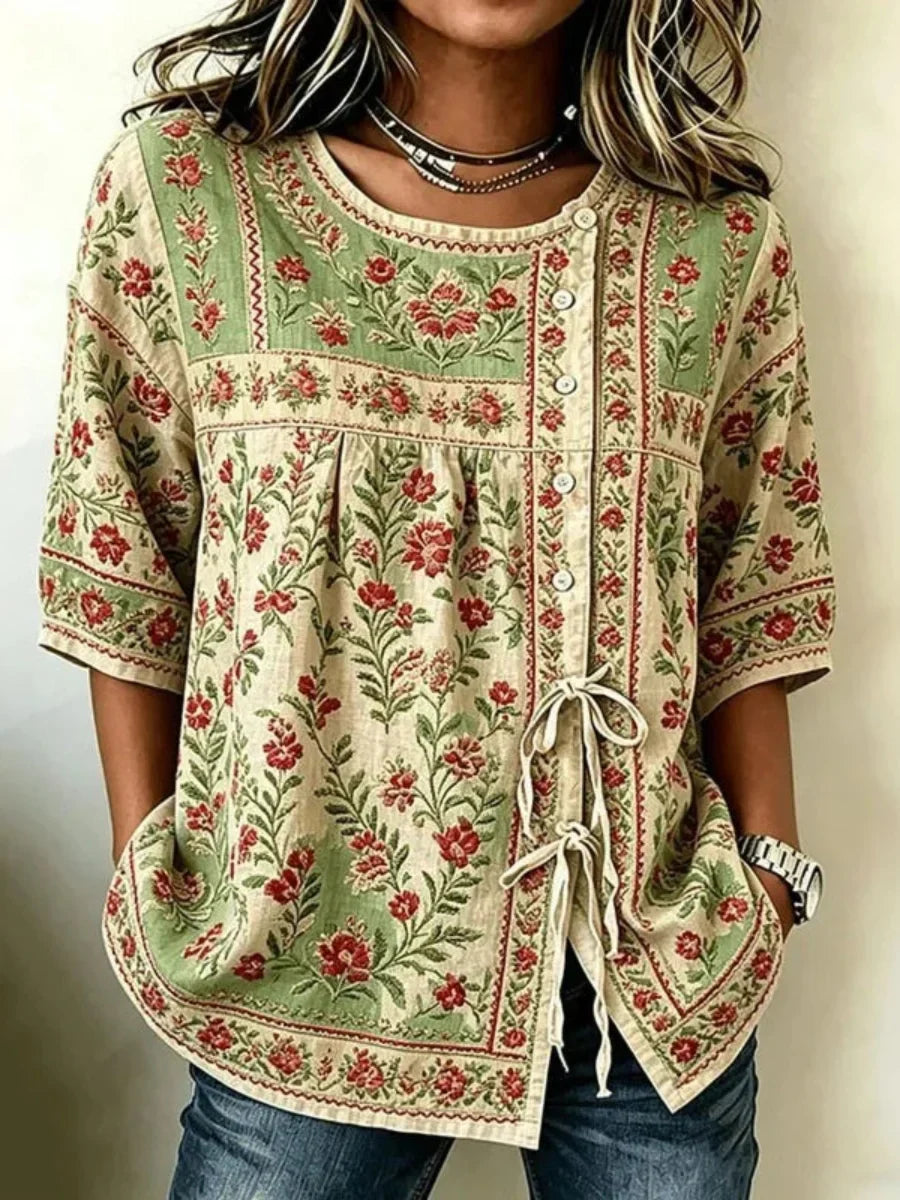 Vintage Floral Print Round Neck Half Sleeve Blouse