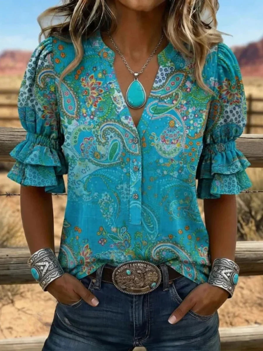 Vintage Ethnic Print V-neck Half Sleeve Blouse