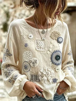 Crew Neck Long Sleeve Floral Printing Lightweight Micro-Elasticity Loose Blouse For Women