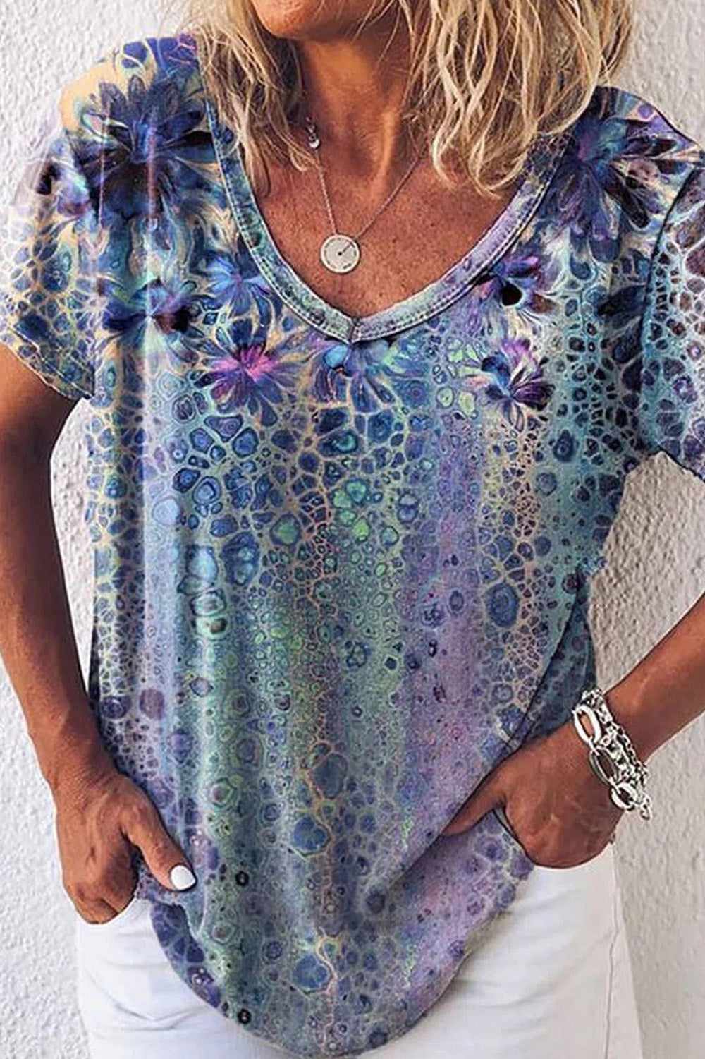 Abstract Floral Print V-neck Short Sleeves T-shirt