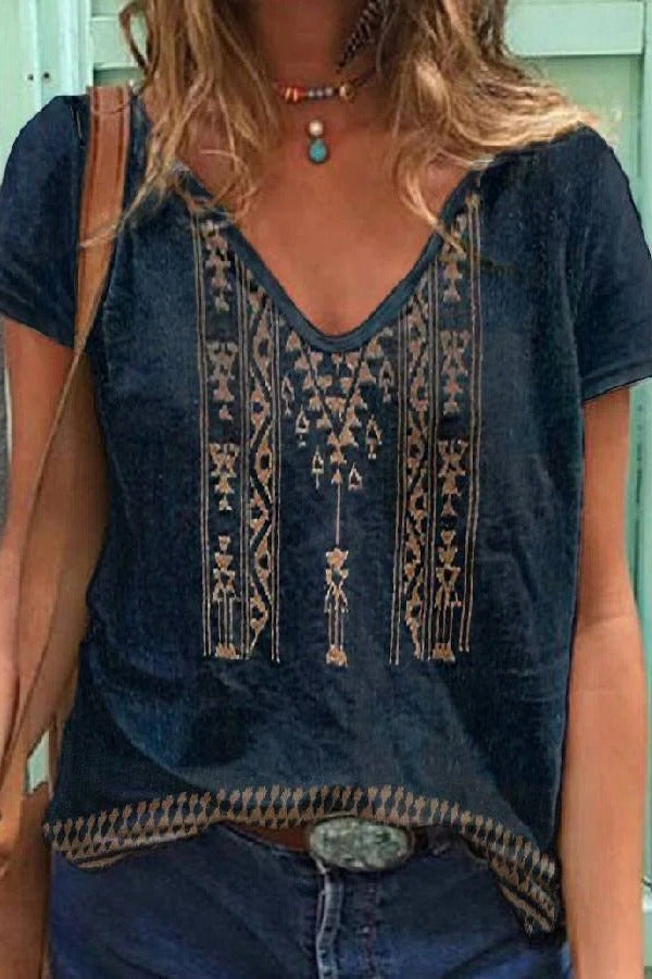 Tribal Print V-neck Short Sleeves Casual T-shirt