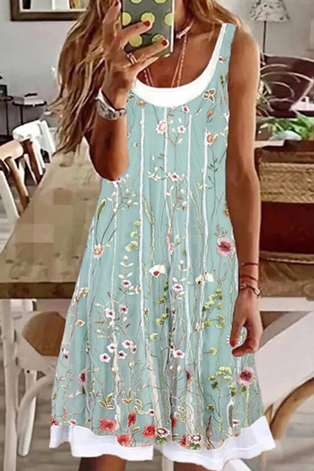 Floral Print U-neck Sleeveless Two Piece Midi Dress