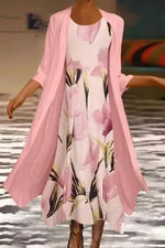 Floral Print O-neck 3/4 Sleeves Two Piece Midi Dress