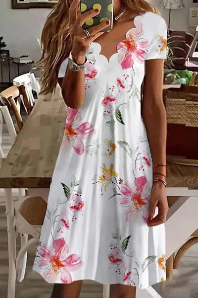 Floral Print V-neck Casual Short Sleeves Midi Dress