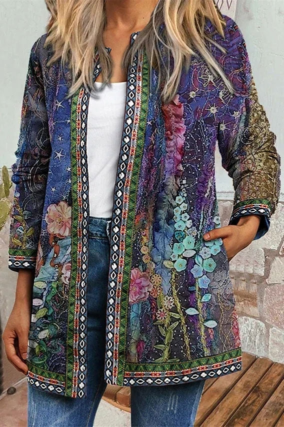 Floral Print Crew Neck Casual Long Sleeves Cardigan
