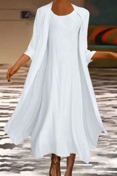 Solid Color Crew Neck 3/4 Sleeves Two Piece Midi Dress