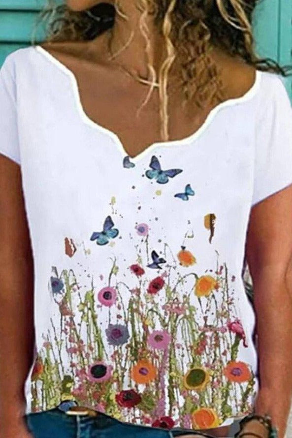 Floral Print V-neck Short Sleeves T-shirt