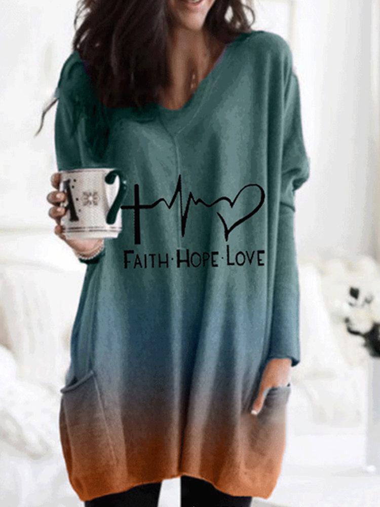 Alphabet Print V-neck Long Sleeves Blouse