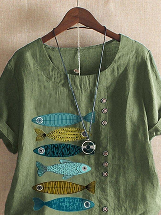 Cartoon Fish Print Buttons Short Sleeves T-shirt