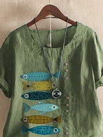 Cartoon Fish Print Buttons Short Sleeves T-shirt