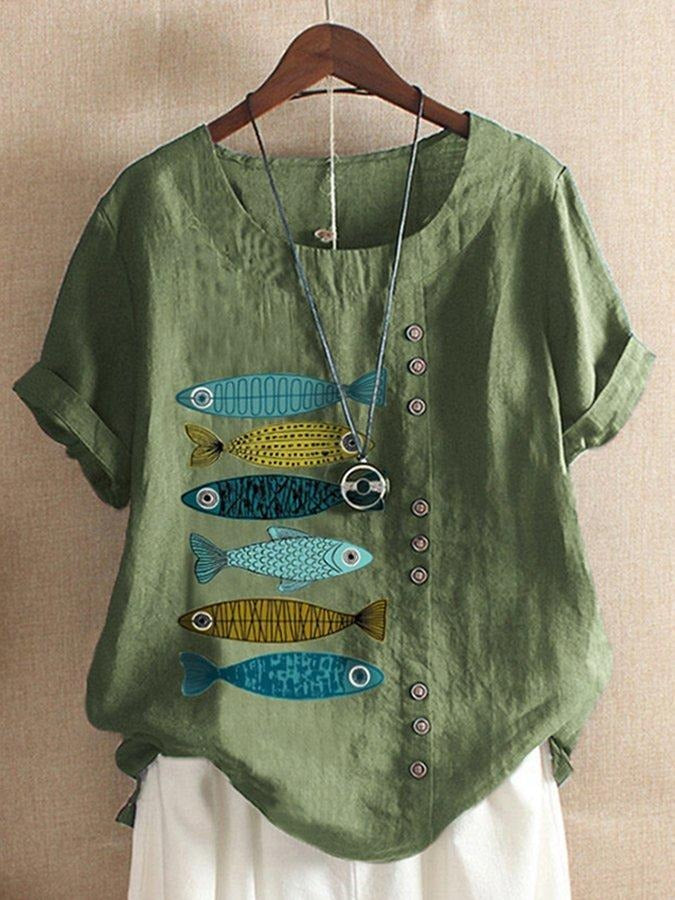 Cartoon Fish Print Buttons Short Sleeves T-shirt