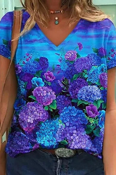 Floral Print V-neck Tie-dye Short Sleeves T-shirt