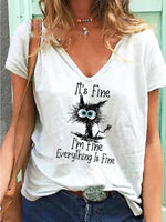 Cat Letter Print V-neck Short Sleeves T-shirt