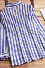 Stripe Print Collared Buttons Long Sleeves Blouse