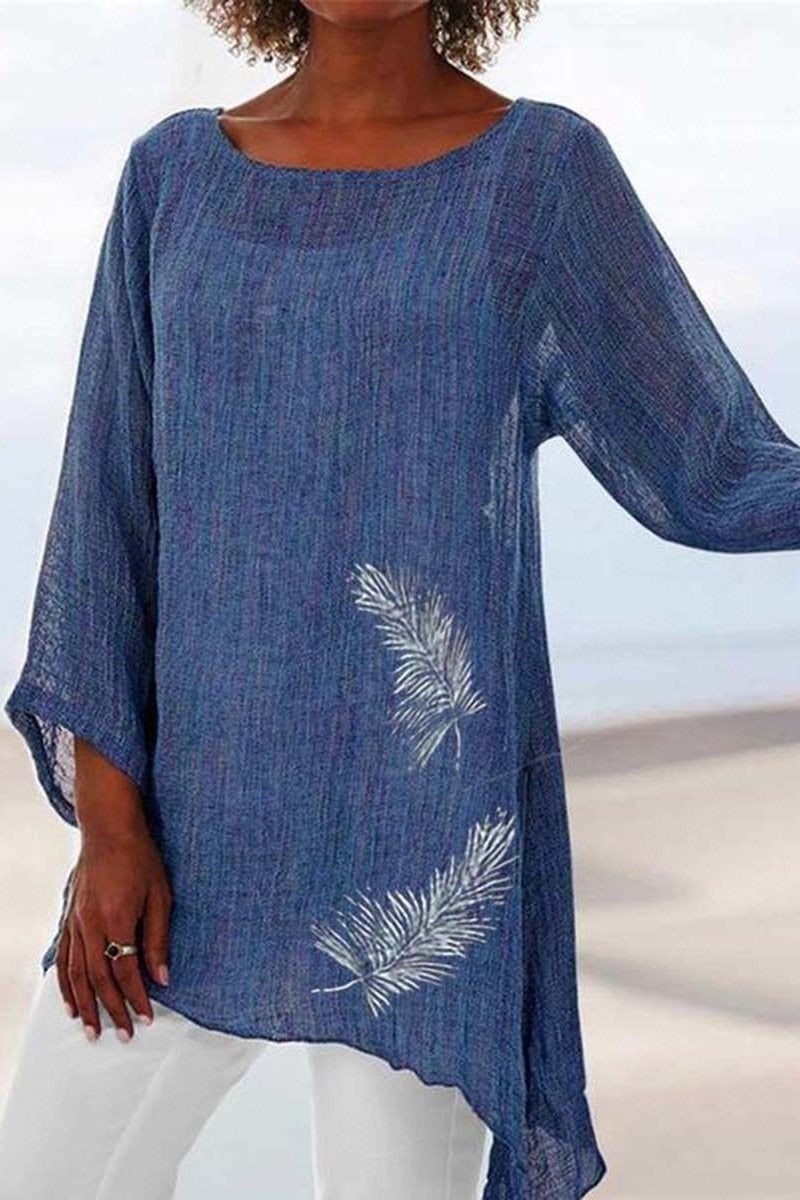 Feather Print Crew Neck Nine Points Sleeves Blouse