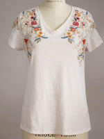 Floral Embroidery Crew Neck Short Sleeves Shirts
