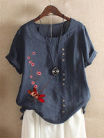 Floral Print Crew Neck Buttons Short Sleeves T-shirt