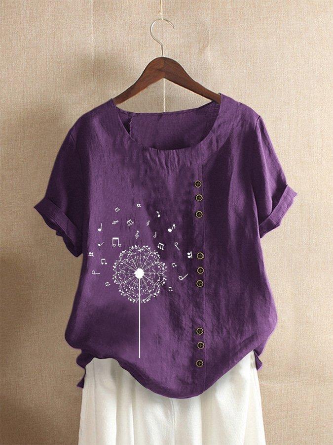 Musical Note Print Buttons Short Sleeves T-shirt
