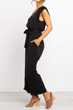 Solid Color V-neck Waist Tie Cap Sleeves Jumpsuit