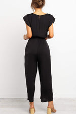 Solid Color V-neck Waist Tie Cap Sleeves Jumpsuit
