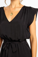 Solid Color V-neck Waist Tie Cap Sleeves Jumpsuit