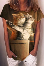 Titanic Cat Print Round Neck Short Sleeves T-shirt