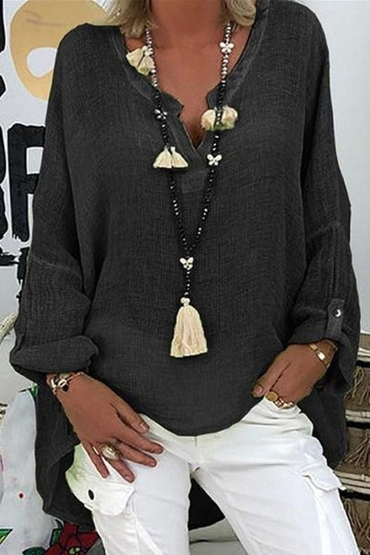 Solid Color V-neck Long Sleeves Casual Blouse